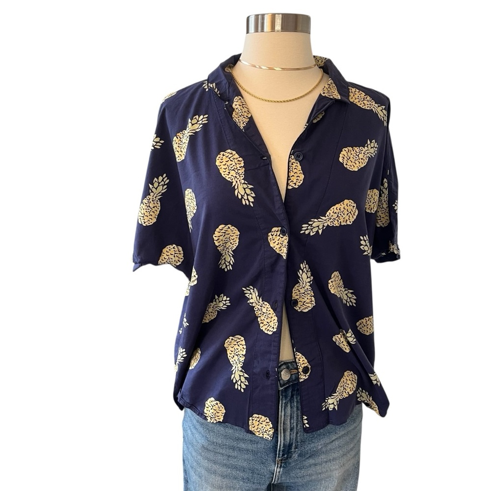 Uniqlo pineapple navy blue button down short sleeve shirt M - Picture 2 of 14